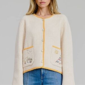 Flat White Wanderlust wool blend Cardigan Anthropologie Embroidered Pockets New